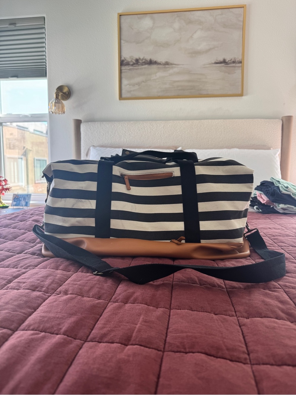 Striped Canvas Weekender Bag with Brown Trim - Black & White